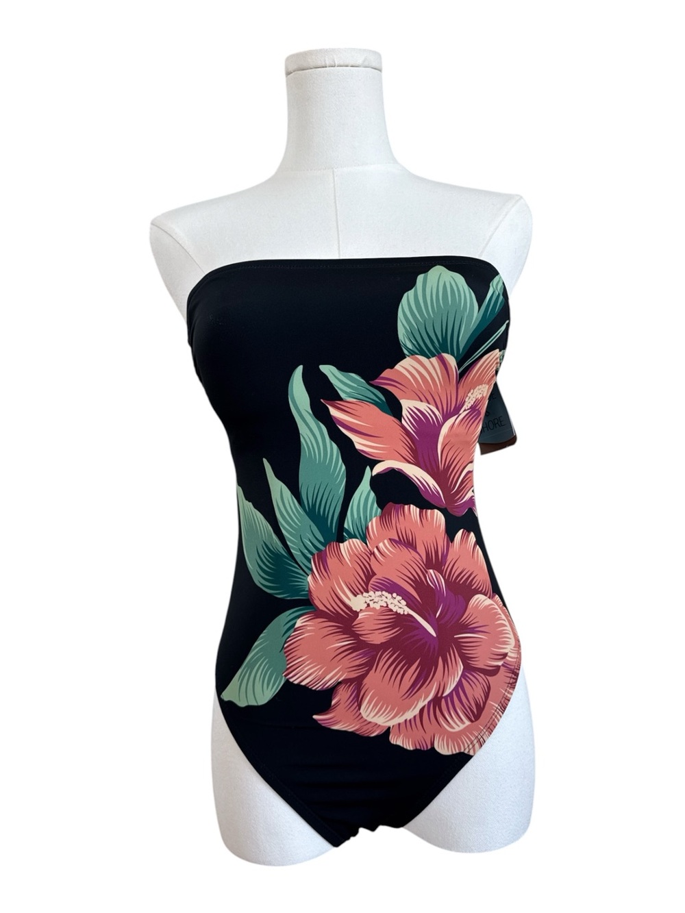 SS1 Black stretchy strapless swimsuit with floral print size extra small